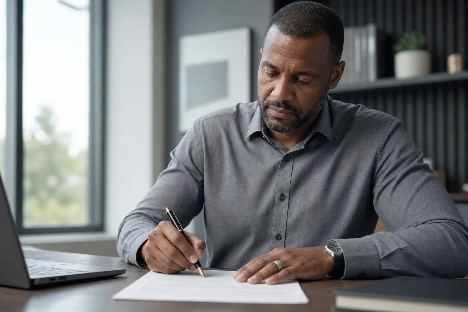 A community lender signing a loan agreement in a modern office